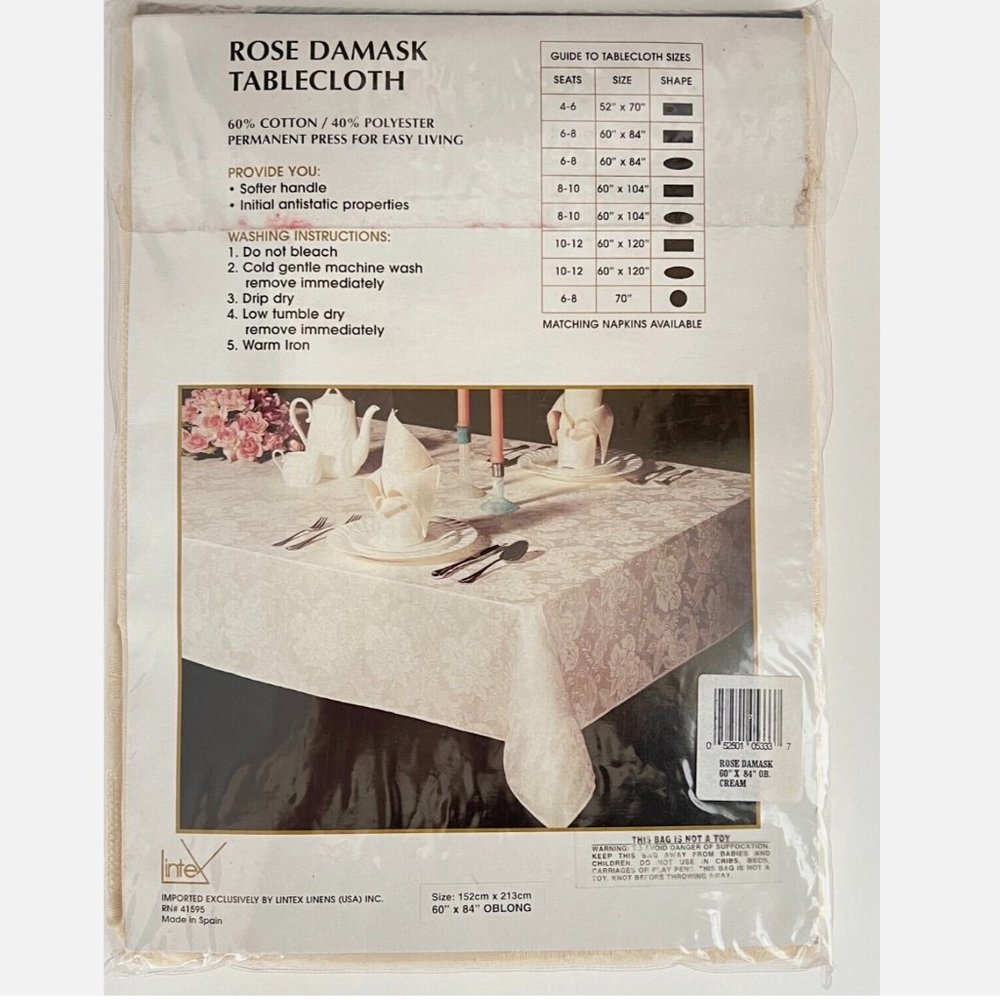 NEW Vtg Lintex Tablecloth Rose Damask Cream Permanent Press 60" x 84" Oblong